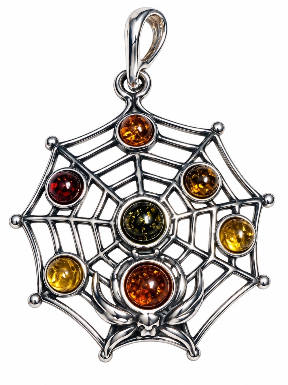 Sterling Silver Spiderweb Amber Pendant - Multicolor